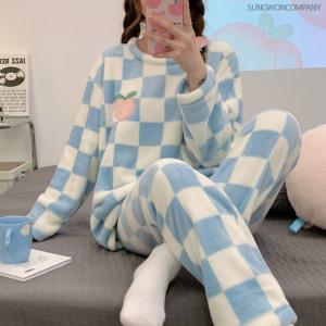 이너퀸 프리수 여성 체크 와펜 자수 수면 밍크 극세사 상하의 세트 잠옷 상하체크스윗세트