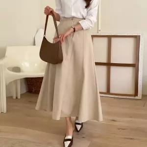 [유야]여성 뒷밴딩 코튼 절개 플레어 롱 스커트 -FSK0150- 봄 가을