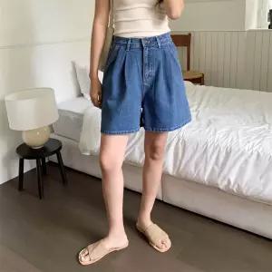 여자 캐주얼 더블핀턱 진청 코튼 청 반바지