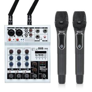 듀얼 무선 마이크 시스템 세트가 장착된 전문 오디오 믹서, 노래방용 4채널 노래, 앰프, DJ 팟캐스트 인터페이스, 라이브, MP3, USB 사운드 믹싱 콘솔(GD Guarda US-88M)
