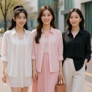 시스루 블라우스 쉬폰 긴팔 셔츠 살안타템 레이어드 남방 (스크런치 세트) BLACKTEA37 6color