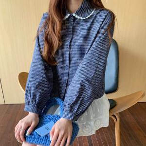프릴블라우스 여성 긴팔 체크 레이스 블라우스 BLACKTEA14