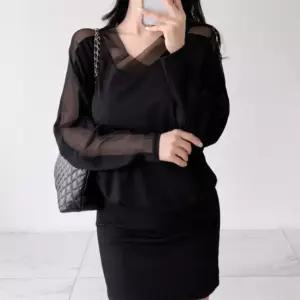 여자 오프숄더 망사 가오리핏 골지 셔링 미니 원피스