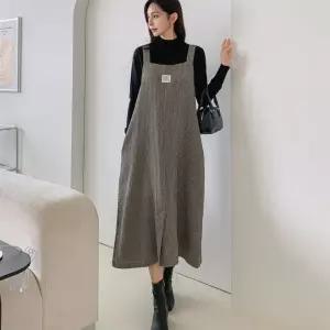 여자 잔체크 패치 멜빵 앞트임 빅사이즈 가을 롱원피스