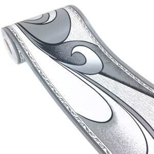 업레도 화이트 그레이 로열 웨이브 패턴 벽 테두리 껍질 및 스틱 천장 벽지 비닐 방수 장식 스티커, 4.2인치 x 390인치