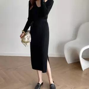 여성 모던 베이직 디자인 세로 골지 패턴 원피스