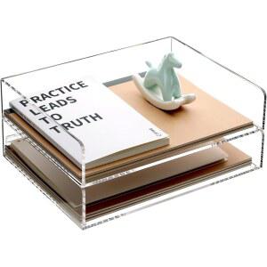 HeZone 책상용 종이 정리함, 2단 쌓을 수 있는 파일 홀더 트레이, A4 사이즈 아크릴 책상 정리함 레터 사무실 홈 스쿨 정리용 /액세서리 - 투명