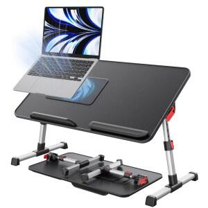 쿨링 팬이 있는 침대용 노트북 책상, SAIJI 높이 및 각도 조절 가능한 스탠드, 랩 데스크 트레이 테이블, 소파 의자 바닥 책상용 경량 접이식 휴대용 컴퓨터 테이블 (블랙)