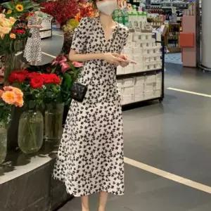 여름 여성 바캉스 클로버 브이넥 반팔 롱 고급 원피스