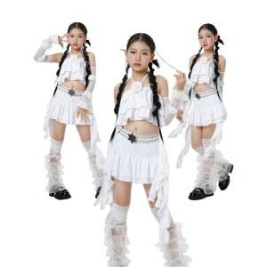 주니어 댄스공연복 화이트 걸그룹댄스 방송 프릴 팔토시 홀터넥 치마 무대의상 오디션