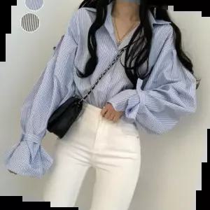 오버핏셔츠 여성 세로 스트라이프 벌룬소매 긴팔 셔츠