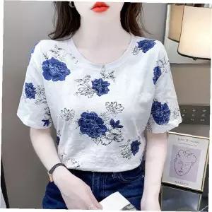 여성 반팔 티셔츠 블루 장미 자수 입체 패턴 라운드넥 여름 데일리 우아한 감성적인