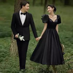 오프숄더 블랙드레스 새틴 파티 웨딩 쉬폰 예복 A라인 블랙