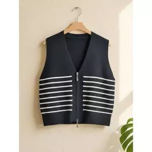 [하프클럽/탑온탑]아르노 마린 스트라이프 브이넥 집업 베스트