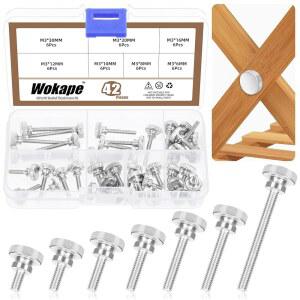 Wokape 42Pcs M3 너들 엄지 나사 모음 키트, M3*6 /8 /10 /12 /16 /20 /30MM 니켈 도금 철 너들 엄지 나사 플랫 너들 헤드 풀 나사 볼트 패스너, 어깨 그립 노브 패스너 포함
