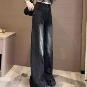 [하프클럽/]여성 하이웨이스트 빈티지 스타일 와이드 롱 청바지