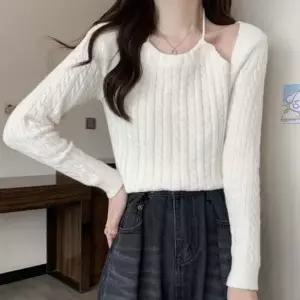 꽈배기 짜임 패턴 여성 홀터넥 볼레로 긴팔 니트