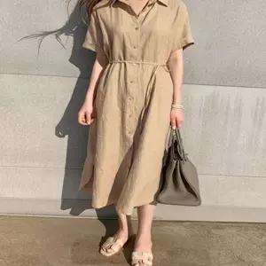 여성 여름 린넨 시원한 롱 원피스 반팔 셔츠 허리끈 (KYR-WD18BA3)