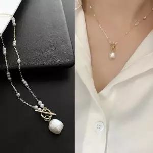 심플 세련된 수술용 담수진주 후크형 목걸이 롱진주 유니크초커 패션주얼리 고급목걸이
