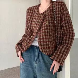 트위드 자켓 클래식 체크 단추 크롭기장 여성용 패션남성가을 남자아우터 아우터 캐주얼 야상 바람막이 남