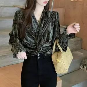 블라우스 브이넥 스모크밴딩 여성 꼬임 벨벳원단