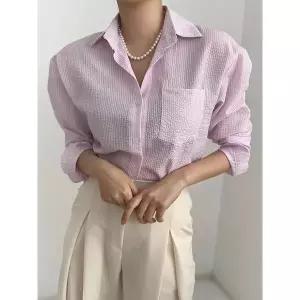 [하프클럽/샵앤]여성 카라넥 스트라이프 베이직 루즈핏 남방 셔츠 21DS-WBL-512