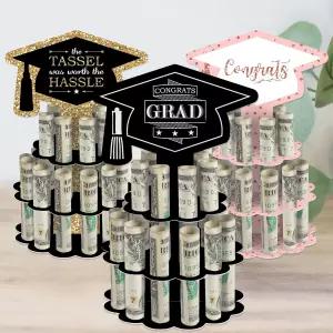 빅 닷 오브 해피 졸업금 선물 홀더 20개의 빌 슬롯이 있는 DIY 축하 캐시 케이크 스탠드 흑백 장식 2단 캡