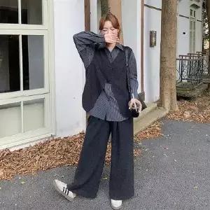 여성 정장세트 추동 스트라이프 셔츠+조끼와이드팬츠 3종세트 OP4