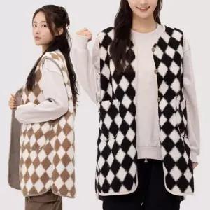 [셀러에이드]조끼 간절기 뽀글이 양털 롱베스트 아가일 가을 겨울 여성 등산조끼