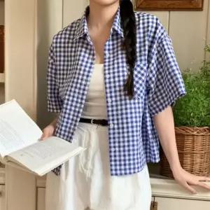 여자 클래식 고방 체크 루즈핏 반팔 셔츠 남방
