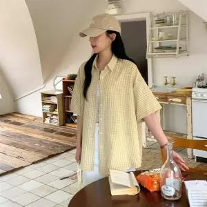 여자 캐주얼 루즈핏 잔체크 면혼방 반팔 남방 셔츠