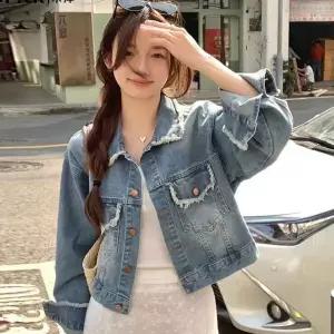 쿨샵 여성 크롭스타일 데님자켓 카라 소매 수술포인트겨울코트 여자가죽 하프 점퍼 반코트 야상 여자롱 경