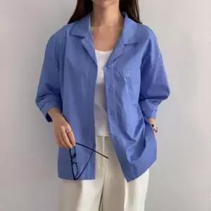 칠부면남방 카라넥 미시룩 미시룩 파란색 루즈핏셔츠