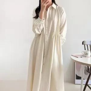 여자 간절기 카라넥 셔링 퍼프 77사이즈 롱원피스