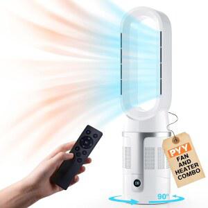 PYY 무검 히터 및 팬 콤보 - 1400W 공간 40W 타워 콤보, 리모컨 필터, 8단 속도, 사계절 내내 사용 가능, 90 진동, 침실/거실용 조용, 26인치, 흰색