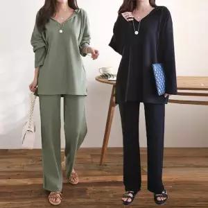 여성 봄 가을 링클프리 스판 브이넥 롱 후드티 밴딩 바지 트레이닝 세트 PST0137S 빅사이즈 루즈핏