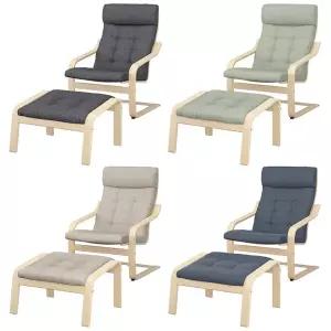 이케아 POANG 포엥 암체어+풋스툴 세트 프레임 자작나무무늬목 커버 군나레드/안락의자/거실의자