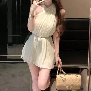 여자 파티룩 쉬폰 셔링 허리끈 홀터넥 미니 원피스