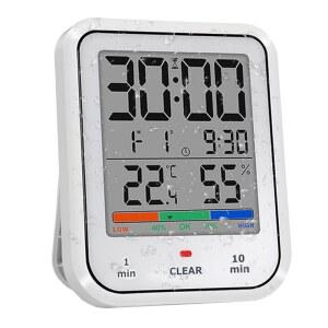 지본 디지털 욕실 시계, 대형 터치스크린이 있는 방수 샤워 타이머, 온도 및 습도 디스플레이가 배터리 작동 벽 시계 - 흡입 컵/걸기 구멍/스탠드(흰색)