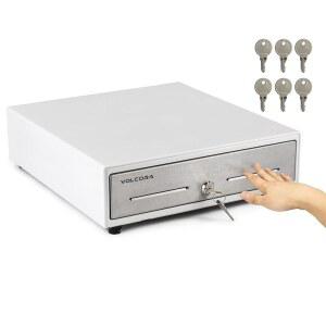 [미국배송] 볼코라 13인치 수동 푸시 오픈 캐시 레지스터 서랍 - 흰색 스테인리스 스틸 전면 터치 패널 포함 지폐 4장과 동전 슬롯 5개 탈착식 트레이 키 잠금 장치