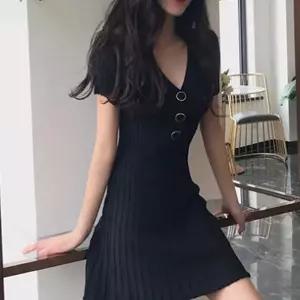 여성 니트 원피스 브이넥 슬림핏 데일리 여성 반팔 원피스 단추 미니