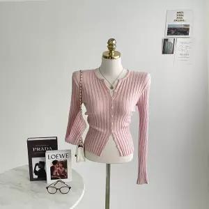 쫀쫀 슬림핏 골지니트 라운드 헨리넥 단추 가디건 E238크림골지가디건