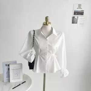 심플카라 허리 리본 셔링 스트랩 퍼프소매 블라우스 E249이던옆셔링BL