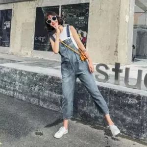 [의류] 9부 오버롤 여자 멜빵바지 크롭 데님 점프수트 청