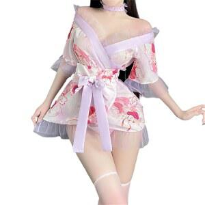 WimsiNova 유카타 섹시 프레 벨트 칼라 의상 세트 4종 앞트임 가운 드레스 나데시코 여성 인형 기모노 오이란 잠옷 야마토 귀여운 레이스 티백 스타일 유혹