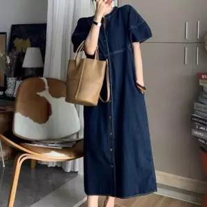 데님롱원피스 벌룬 소매 유니크 데님 단추 롱원피스 2color