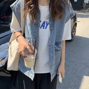 사계절 청조끼 데님 루즈핏 여성 데일리 오버 박시 가을 경량패딩 할머니 크롭니트 위드 발열 피그먼 뷔스