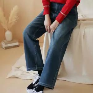 여성 겨울 기모 세미배기 옐로우워싱 데님팬츠