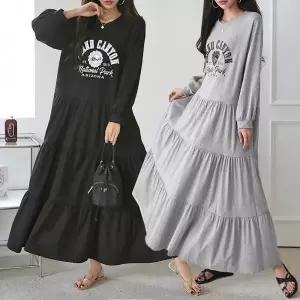 [유야]여성 면 나염 프릴 캉캉 플레어 롱 원피스 -FOP0167- 봄