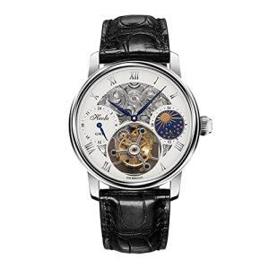 HAOFA GMT 투르비옹 손목시계 남성 기계식 문 페이즈 가죽 벨트 중공 조각 문자판 신사 비즈니스 세련된